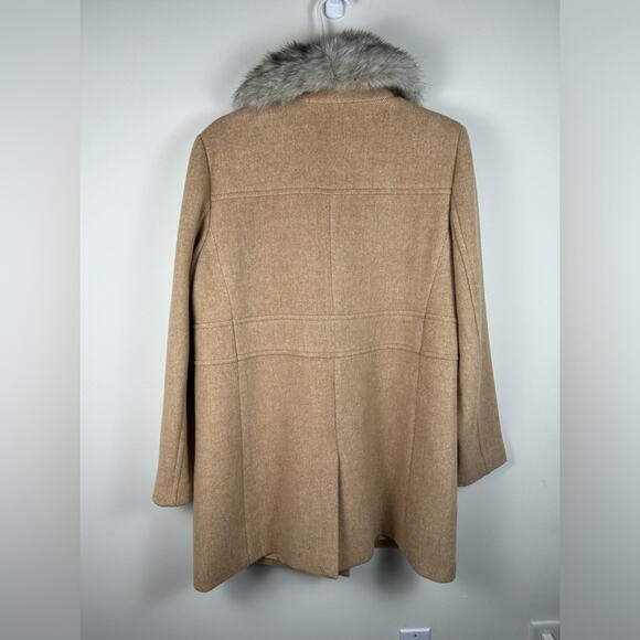 LOFT Women’s Camel Wool Blend Faux Fur Collar Long Pea Coat Size Large EUC - Picture 4 of 7